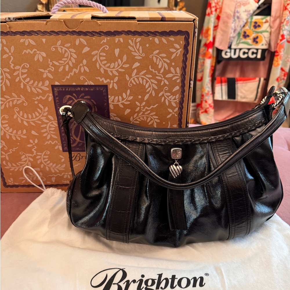 Brighton Black Leather Shoulder Bag with Ruched Design